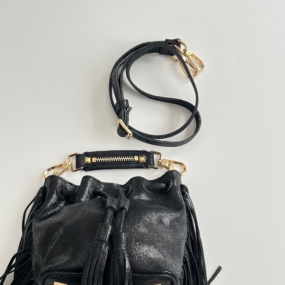 Brian Atwood Pippa Bucket Bag Black Metallic Mini Edgy Glam Western Fringe Boho - Picture 5 of 12